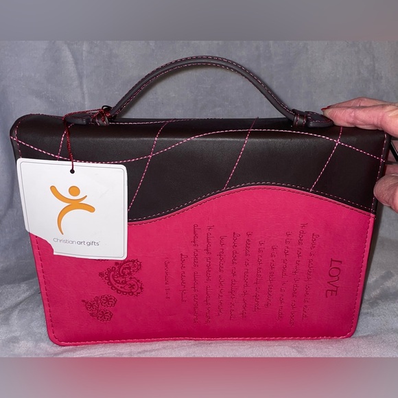 Christian Art Gift NWT Pink/Brown Bible Cover Faux Leather 1 Corinthians 13 Love - Picture 9 of 13